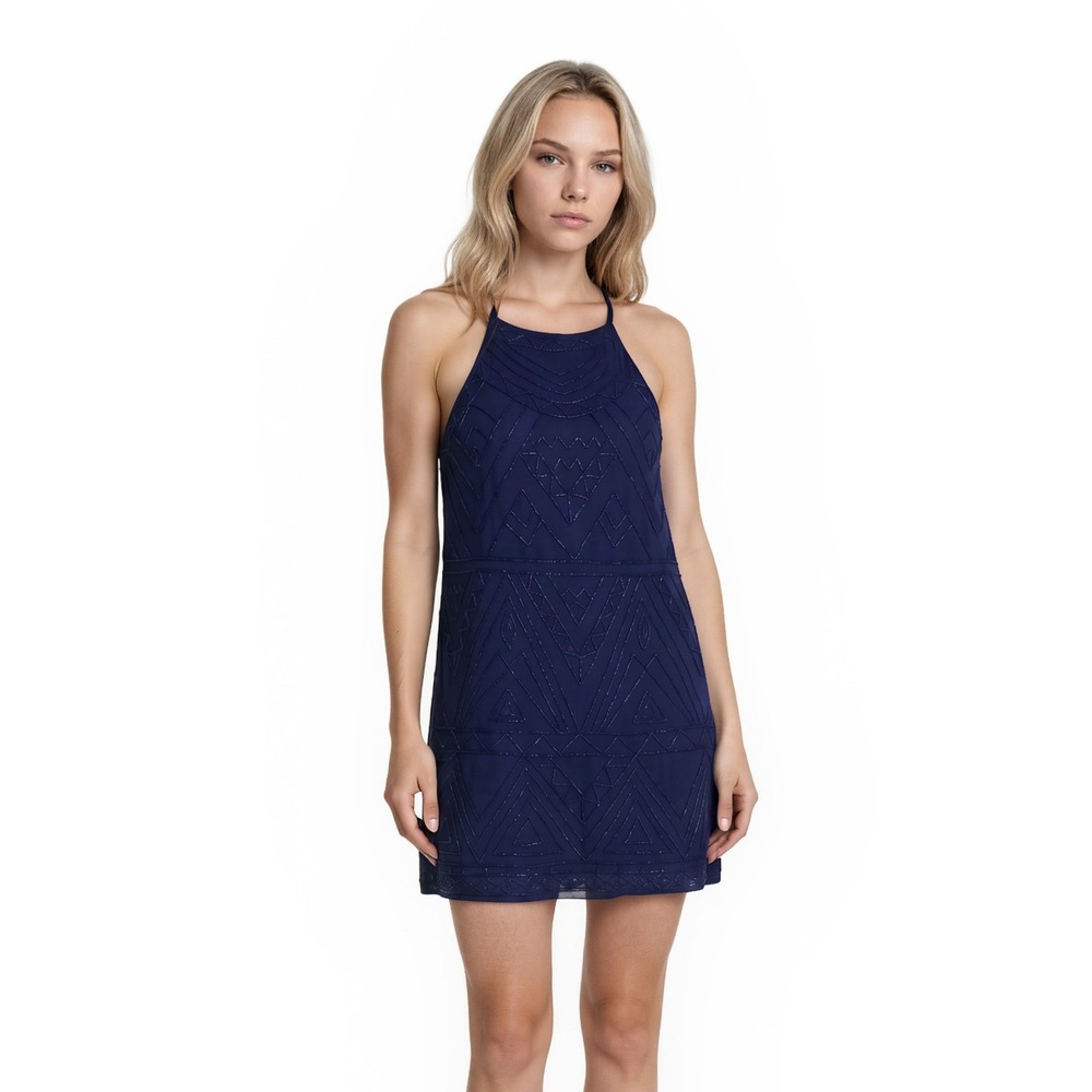 Harper Mini Halter Dress Women's Size‎ Medium Navy Blue Beaded Geometric